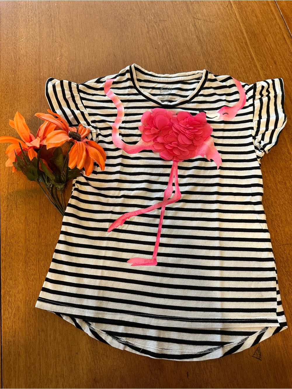 wonder nation Black & White Striped Top with Hot Pink Flamingo!